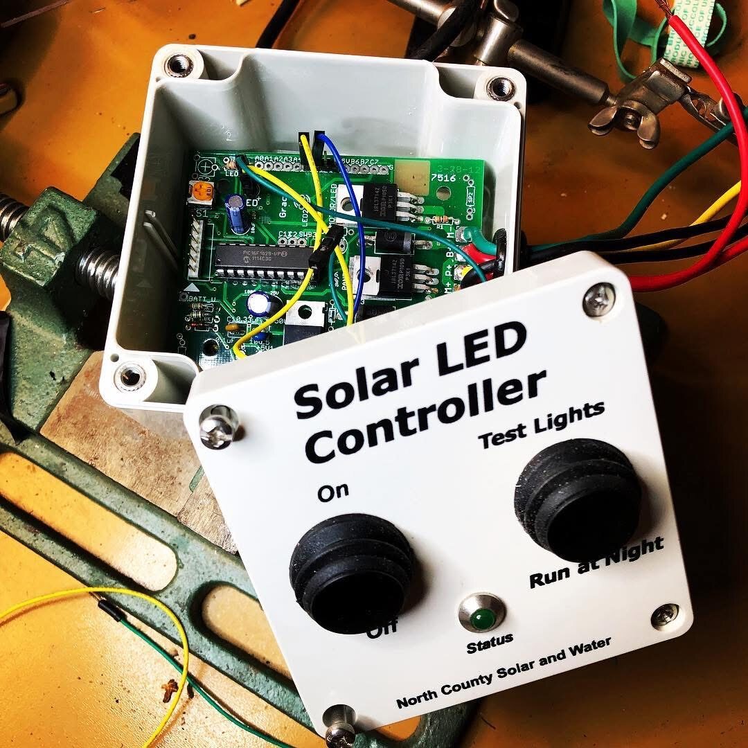Solar LED controller circuit board inside waterproof box