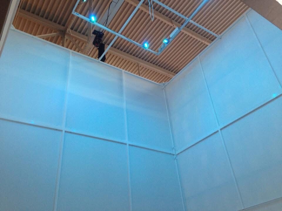 Internal LED frame inside The Bloc cube glowing blue